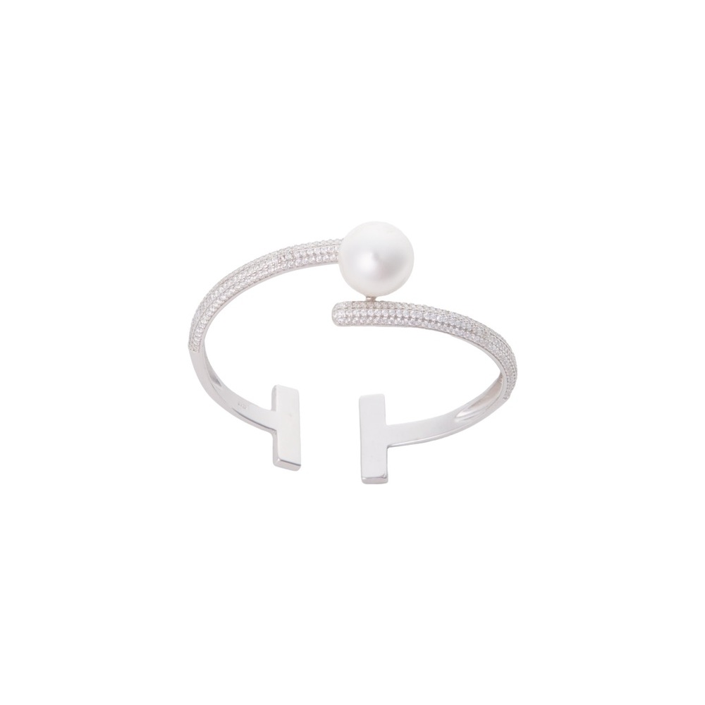 Elegant Silver Pearl Open Cuff Bracelet